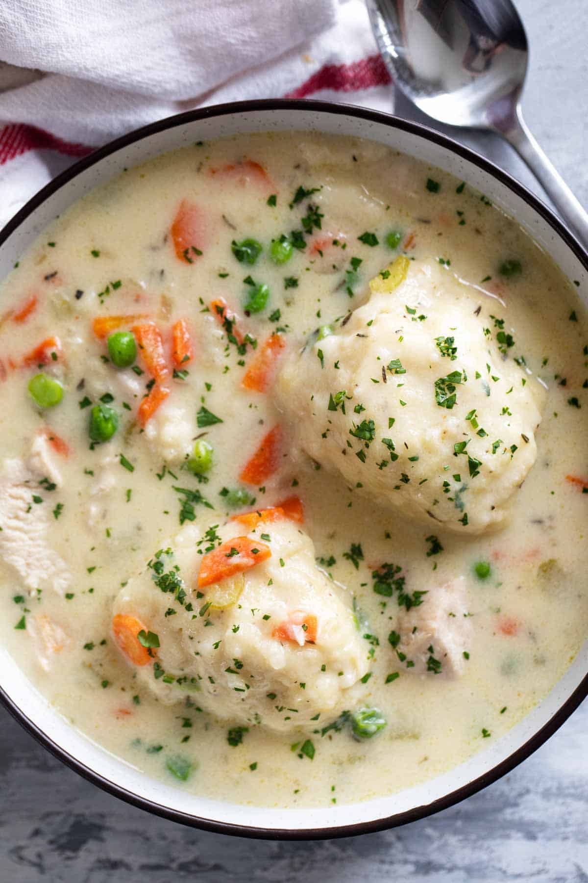 Bowl filled with chicken and dumplings, with two large dumplings.