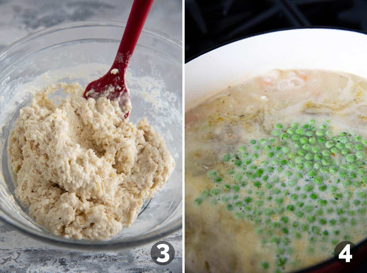 Making dumpling dough and adding peas to soup.