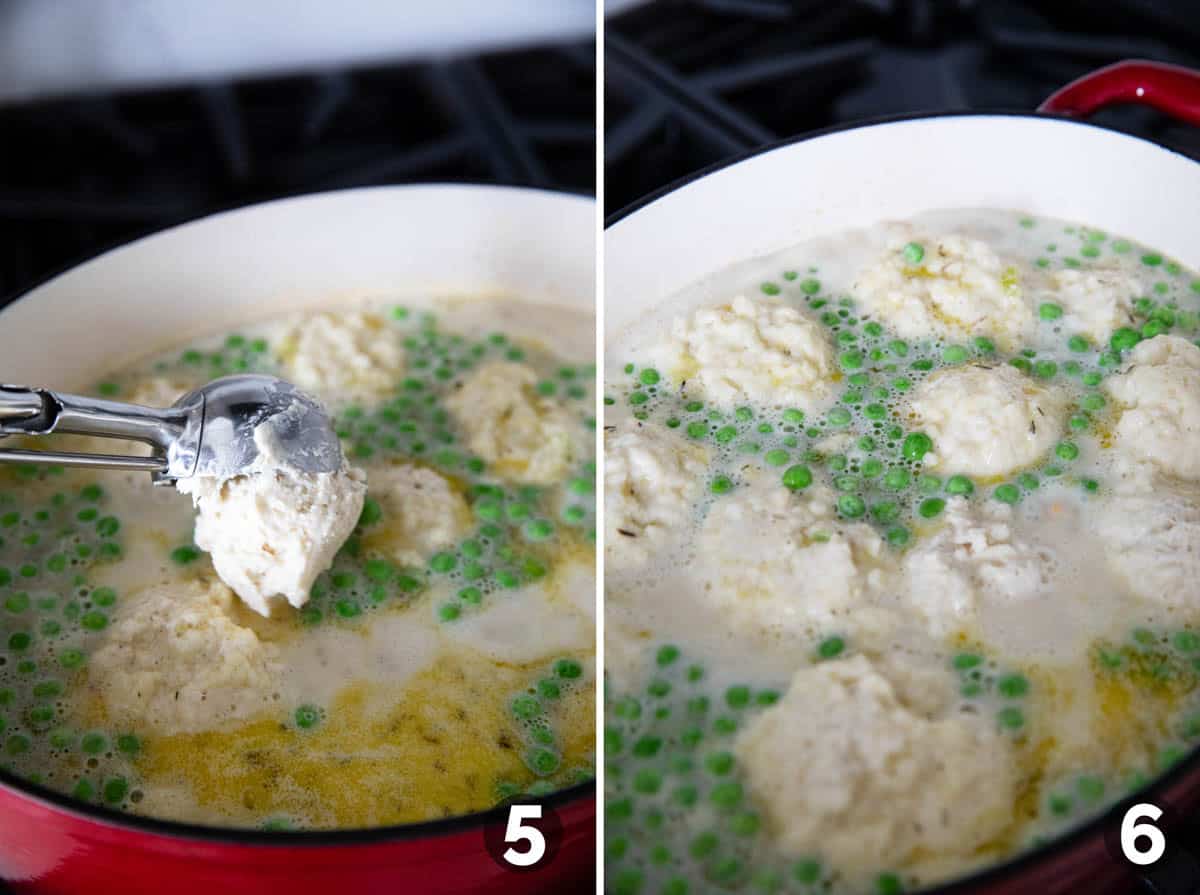 Adding dumplings to soup for Chicken and Dumplings.