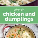 Chicken and Dumplings collage with text bar in the middle.