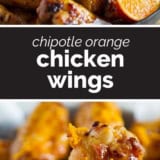 Chipotle Orange Chicken Wings collage with text bar in the middle.