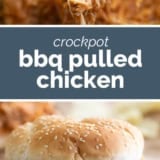 Crockpot BBQ Pulled Chicken collage with text bar in the middle.