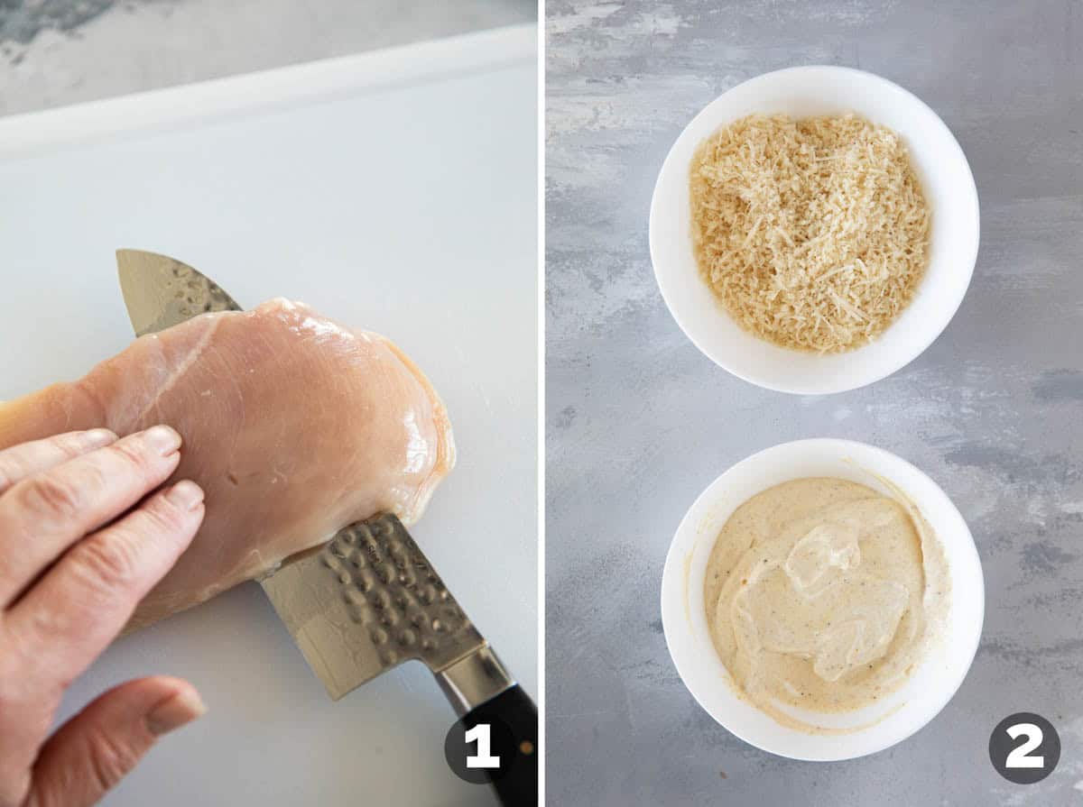 Cutting chicken breast in half and mixing ingredients to make chicken topping.