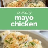 Crunchy Mayo Chicken collage with text bar in the middle.