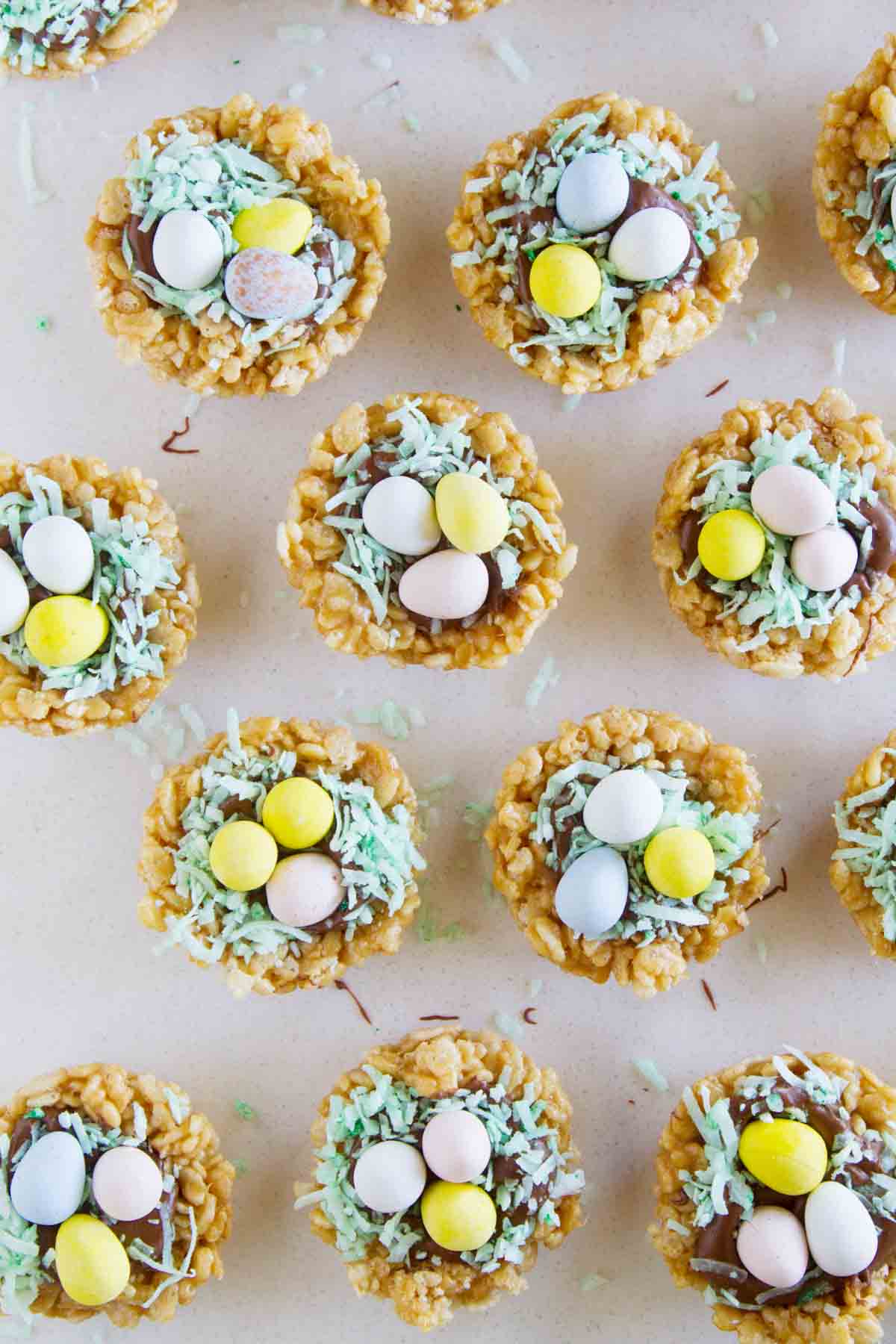 Easter Basket Scotcheroos topped with chocolate eggs.