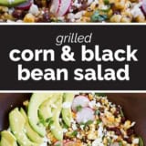 Grilled Corn and Black Bean Salad collage with text bar in the middle.