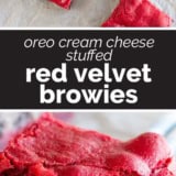 Oreo Cream Cheese Stuffed Red Velvet Brownies collage with text bar in the middle.