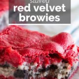 Oreo Cream Cheese Stuffed Red Velvet Brownies with text overlay.