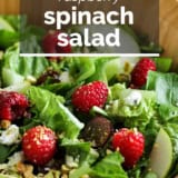 Raspberry Spinach Salad with text overlay.