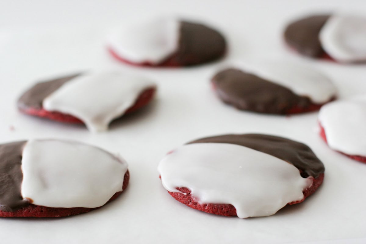 Red Velvet Black and White Cookies on white.