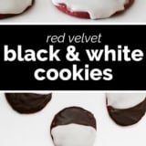 Red Velvet Black and White Cookies collage with text bar in the middle.