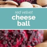 Red Velvet Cheese Ball collage with text bar in the middle.