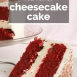 Red Velvet Cheesecake Cake with text overlay.