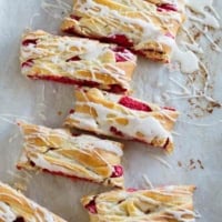 Red Velvet Cream Cheese Danish cut into slices.