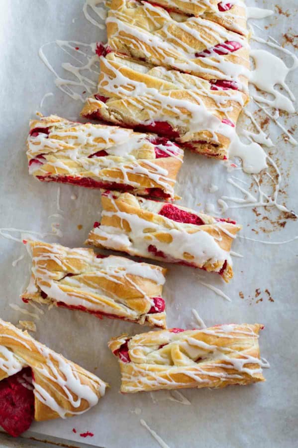 Red Velvet Cream Cheese Danish cut into slices.