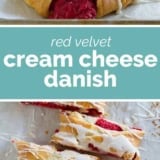 Red Velvet Cream Cheese Danish collage with text bar in the middle.