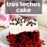 Red Velvet Tres Leches Cake with text overlay.