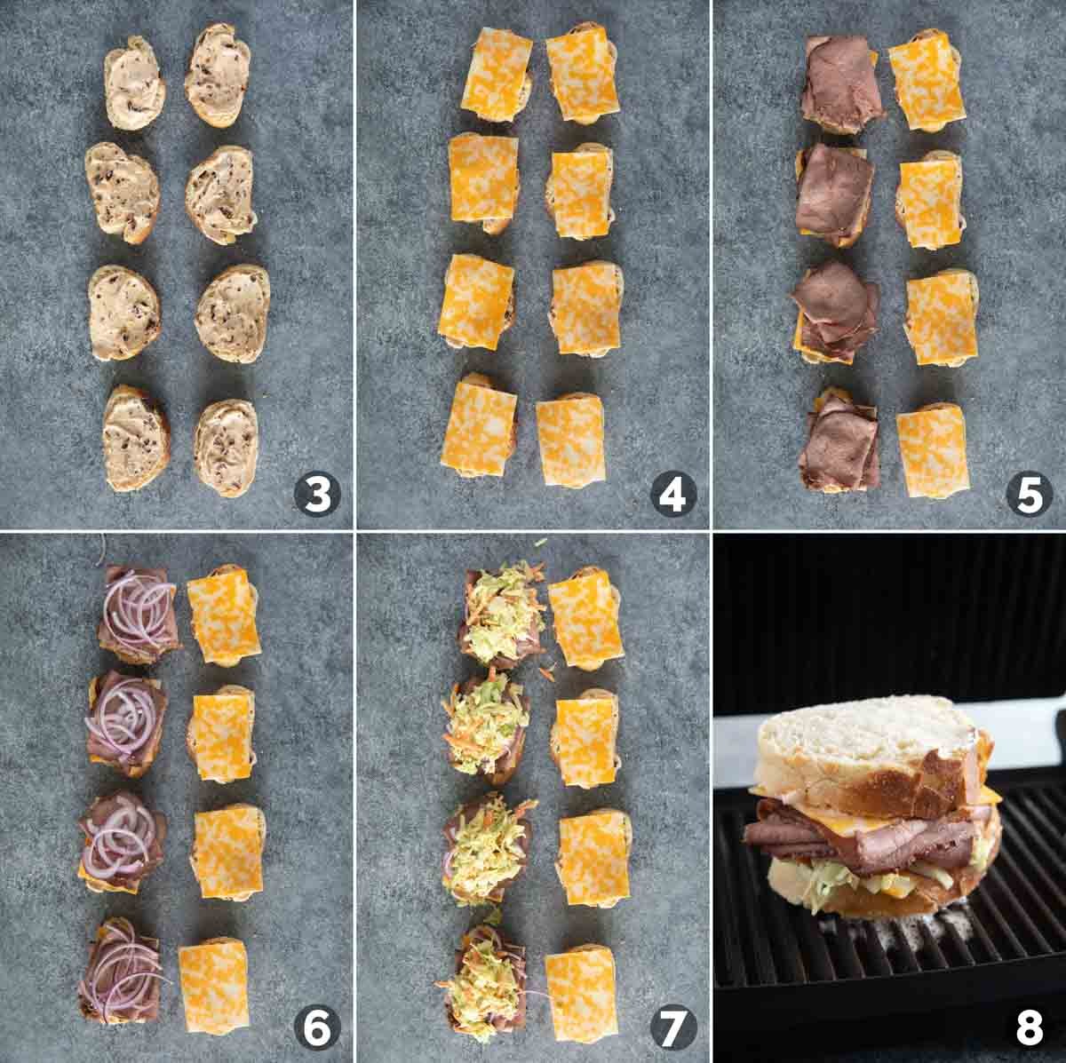 Steps to assemble and grill roast beef panini.