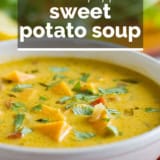 Roasted Red Pepper and Sweet Potato Soup with text overlay.