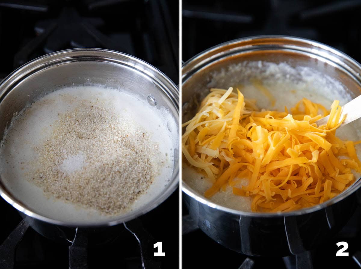 Making cheesy grits in a saucepan.