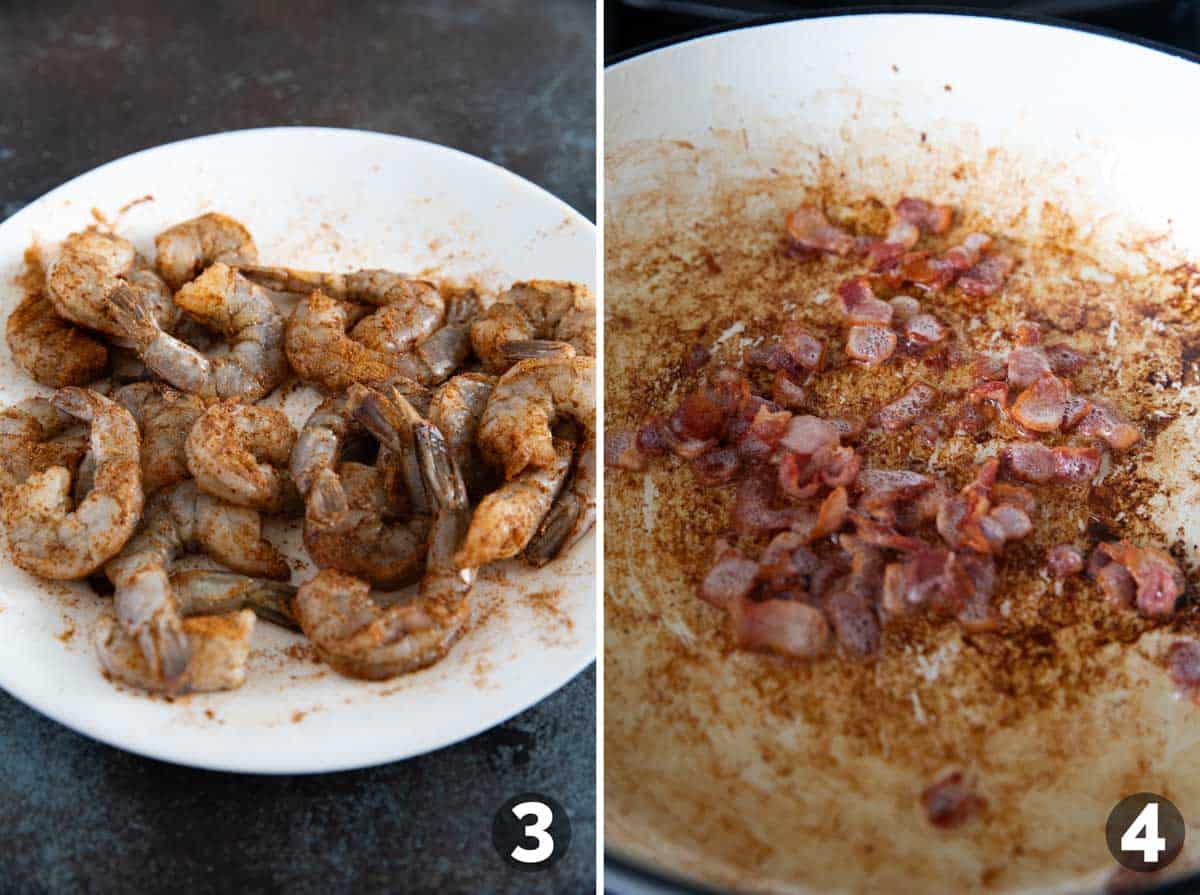 Seasoning shrimp with cajun seasoning, then cooking bacon in a skillet.