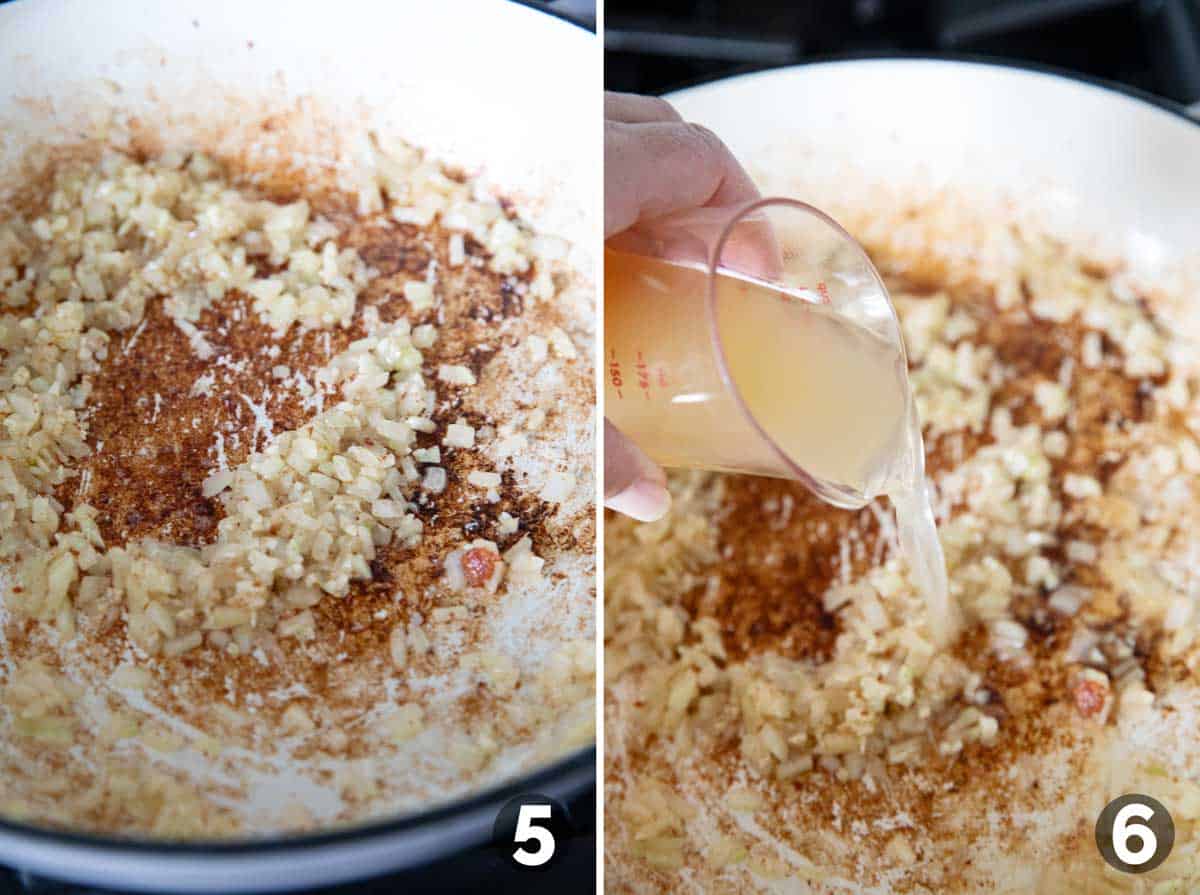 Cooking onions and garlic in a skillet, then adding broth.