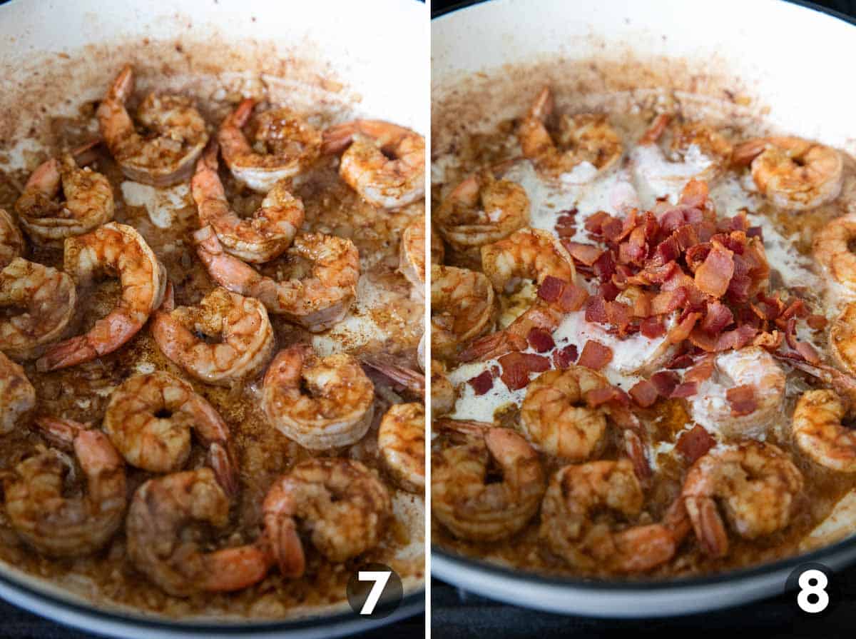 Collage showing cooking shrimp, then adding cream and bacon.