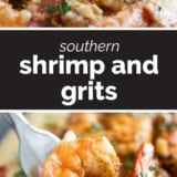 Shrimp and Grits collage with text bar in the middle.