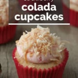 Strawberry Colada Cupcakes with text overlay.