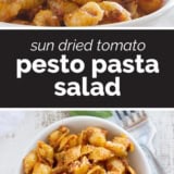 Sun Dried Tomato Pesto Pasta Salad collage with text bar in the middle.