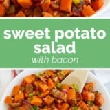 Sweet Potato Salad with Bacon collage with text bar in the middle.