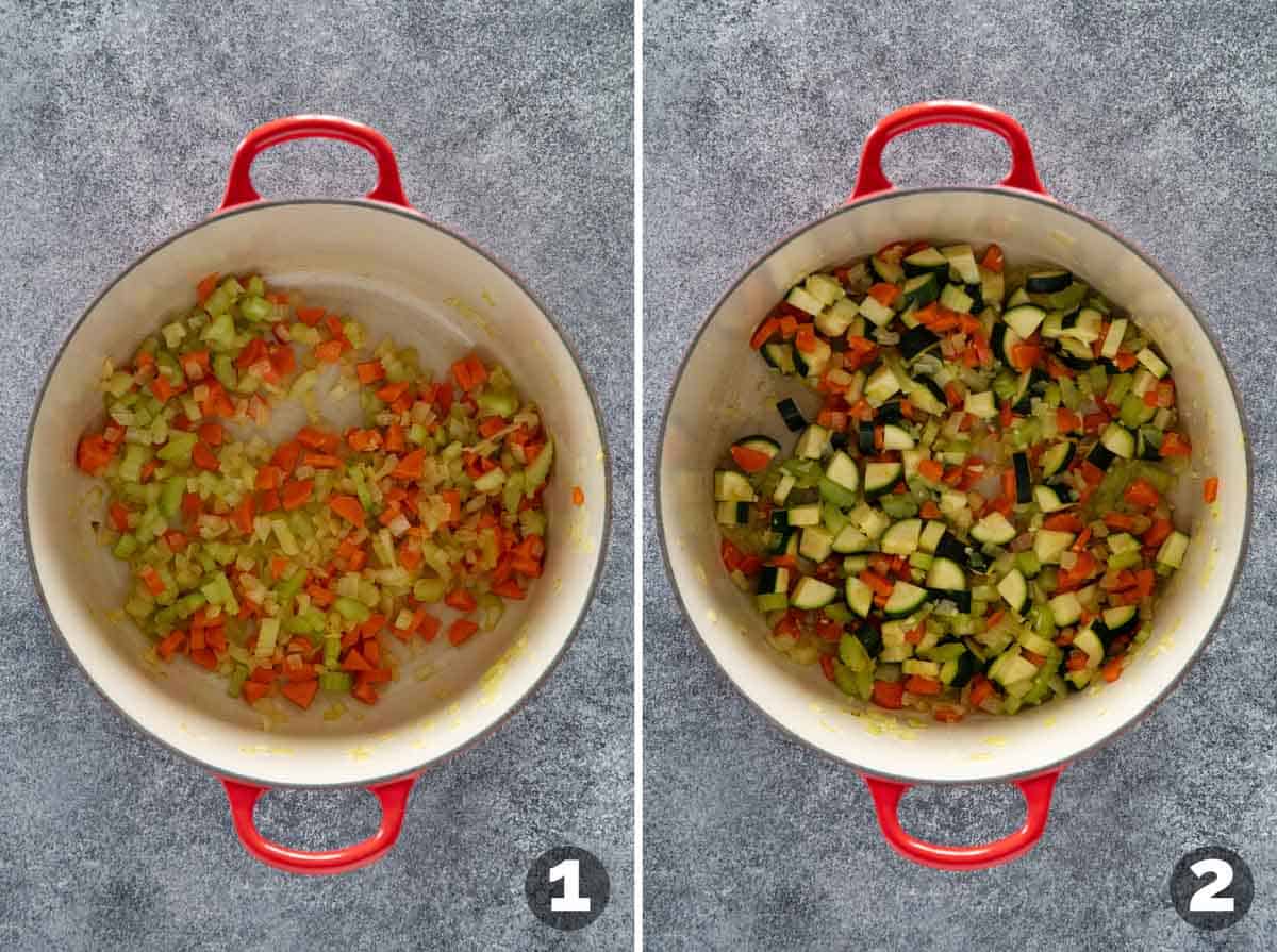 Cooking vegetables for Vegetable Soup with Orzo.