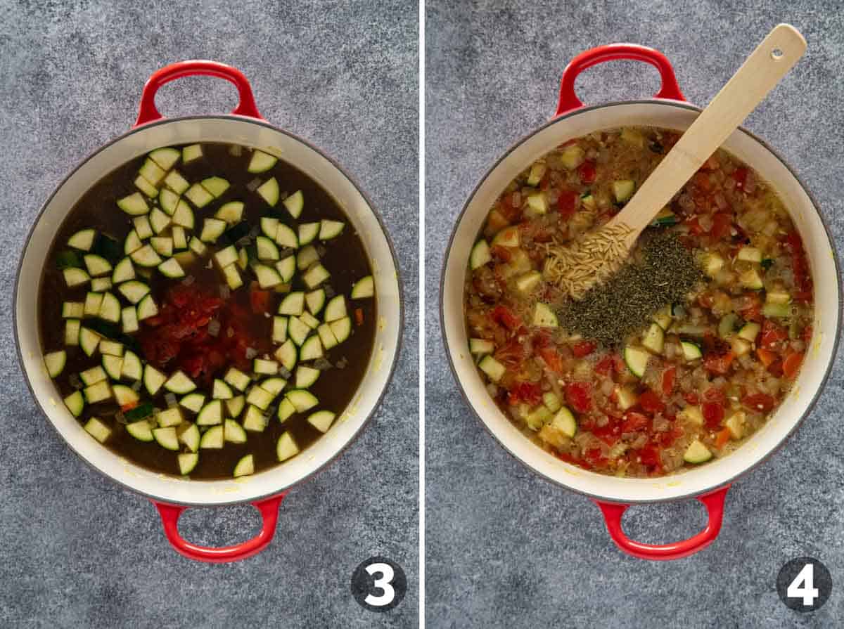 Adding broth, orzo, and spices to vegetable soup.