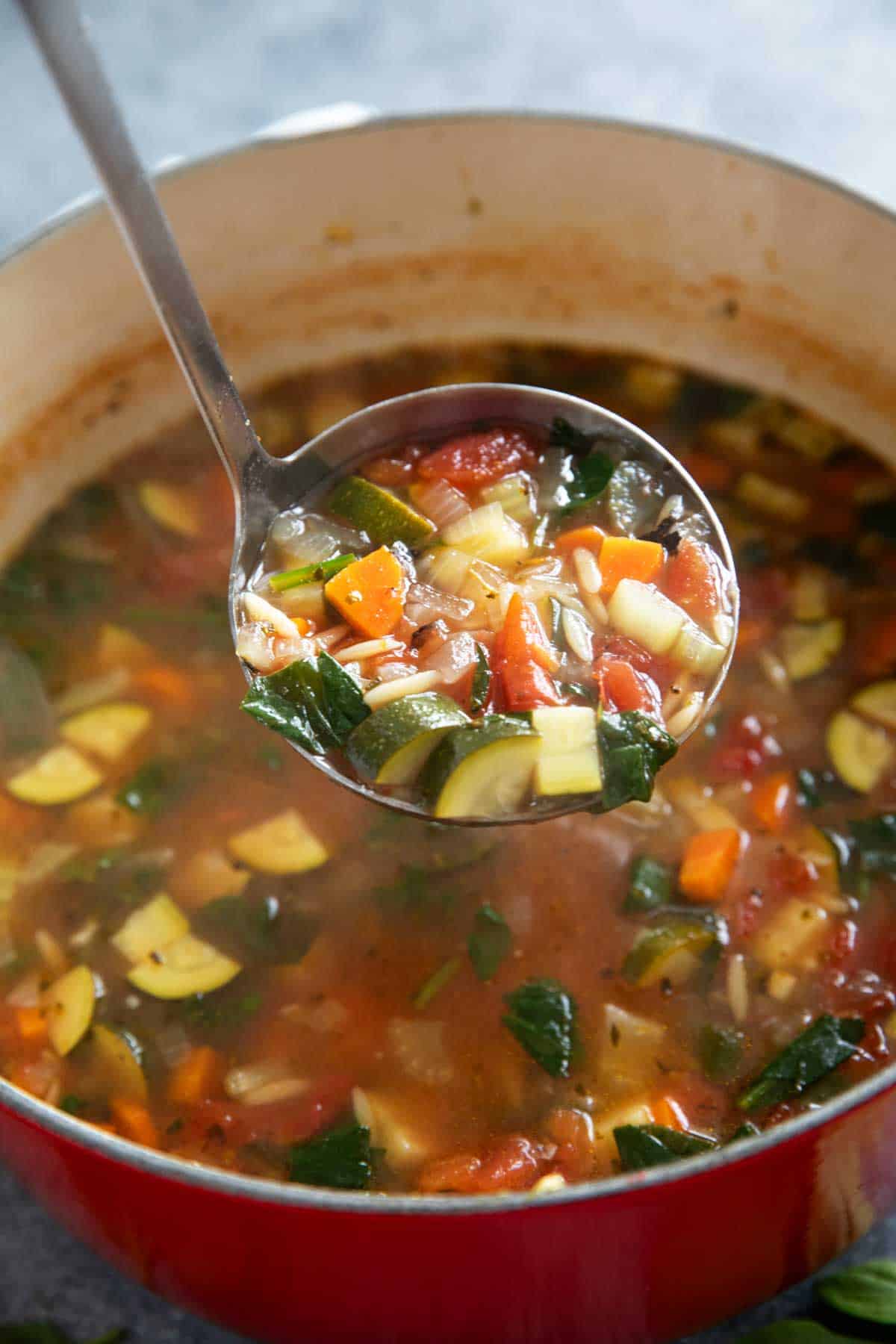 Scooping Vegetable Soup with Orzo out of a pot.