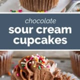 Chocolate Sour Cream Cupcakes collage with text bar in the middle.