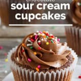 Chocolate Sour Cream Cupcakes with Chocolate Buttercream with text overlay.