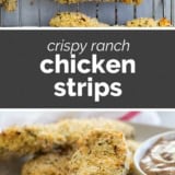 Crispy Ranch Chicken Strips with Ranch BBQ Dipping Sauce collage with text bar in the middle.