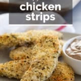 Crispy Ranch Chicken Strips with Ranch BBQ Dipping Sauce with text overlay.