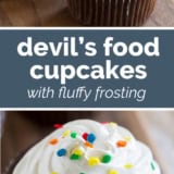 Devil's Food Cupcakes with Fluffy Frosting collage with text bar in the middle.