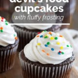 Devil's Food Cupcakes with Fluffy Frosting with text overlay.