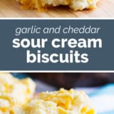 Garlic and Cheddar Sour Cream Biscuits collage with text bar in the middle.