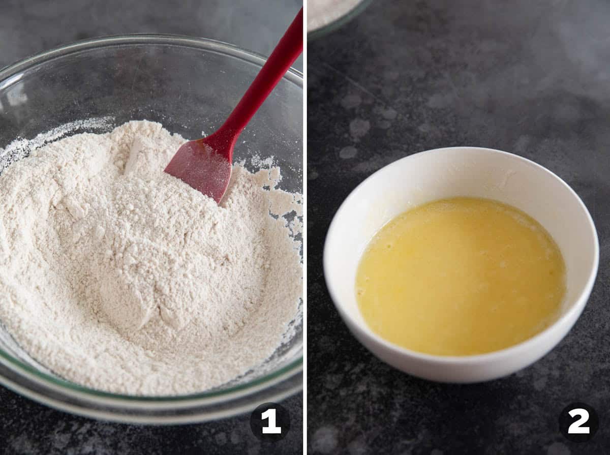 Dry ingredients and wet ingredients for Mango Bread.