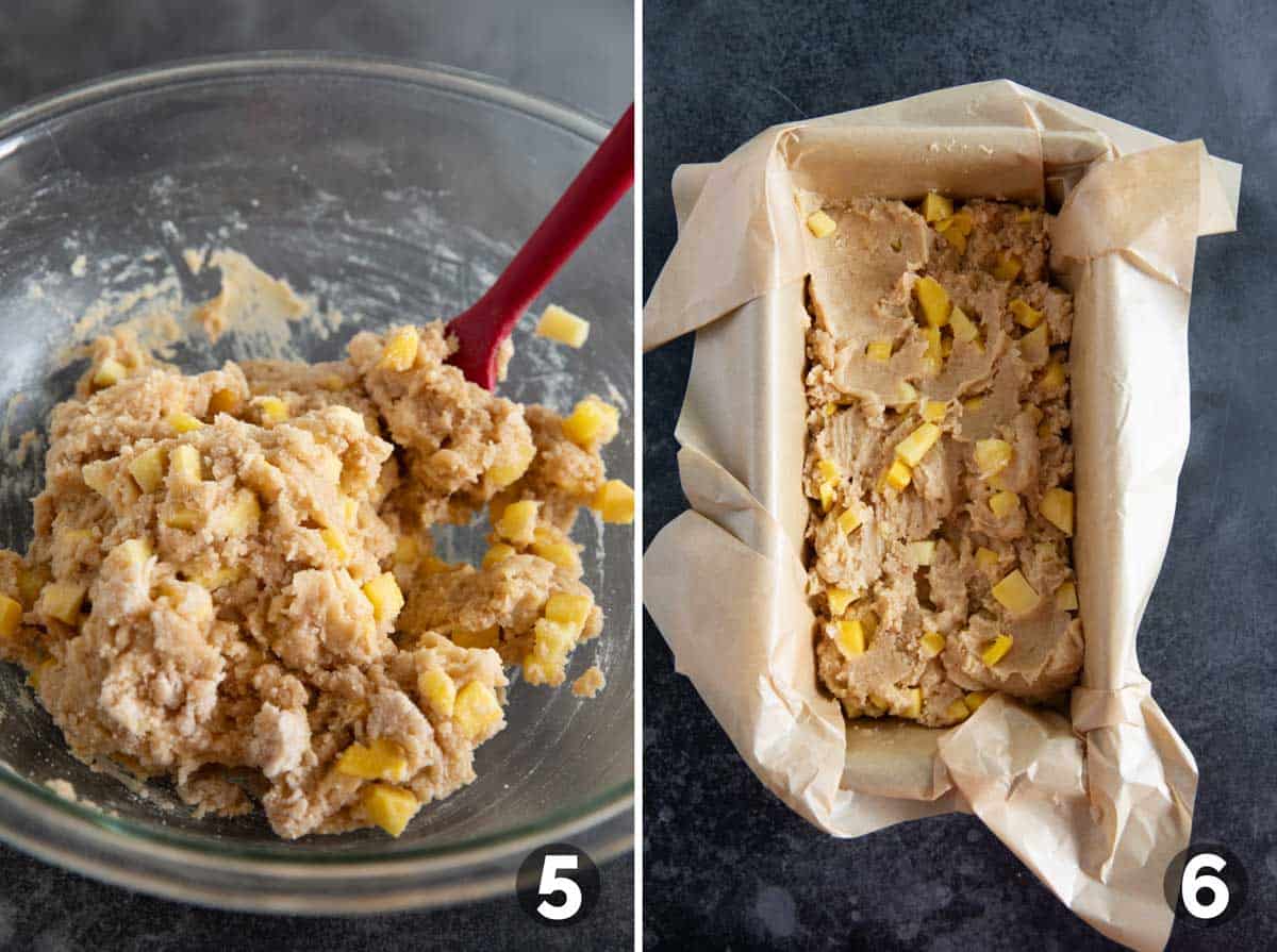 Mango bread batter in a bowl and in a loaf pan.