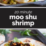 Moo Shu Shrimp collage with text bar in the middle.