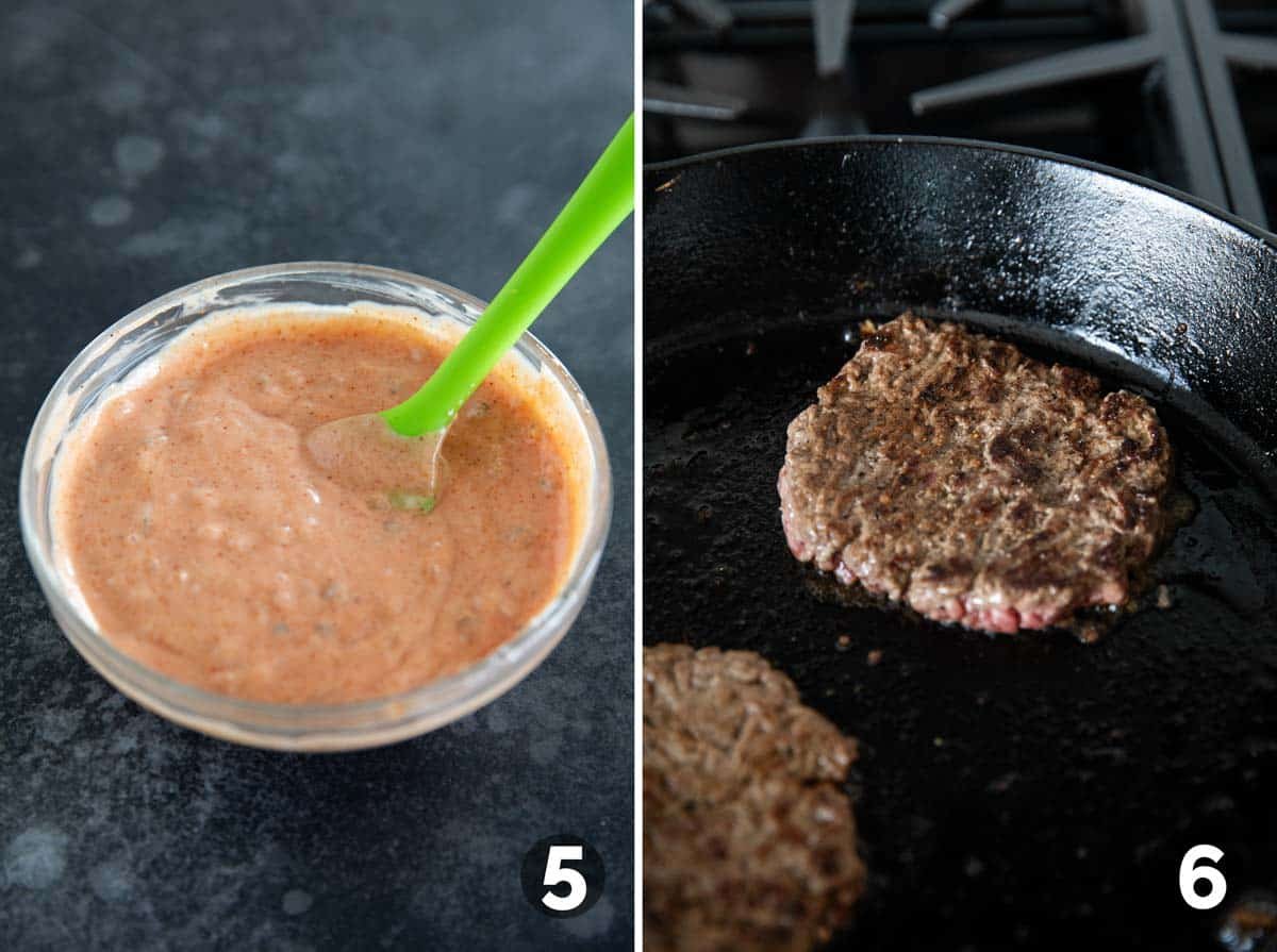 Making special sauce and burger patties for Patty Melts.