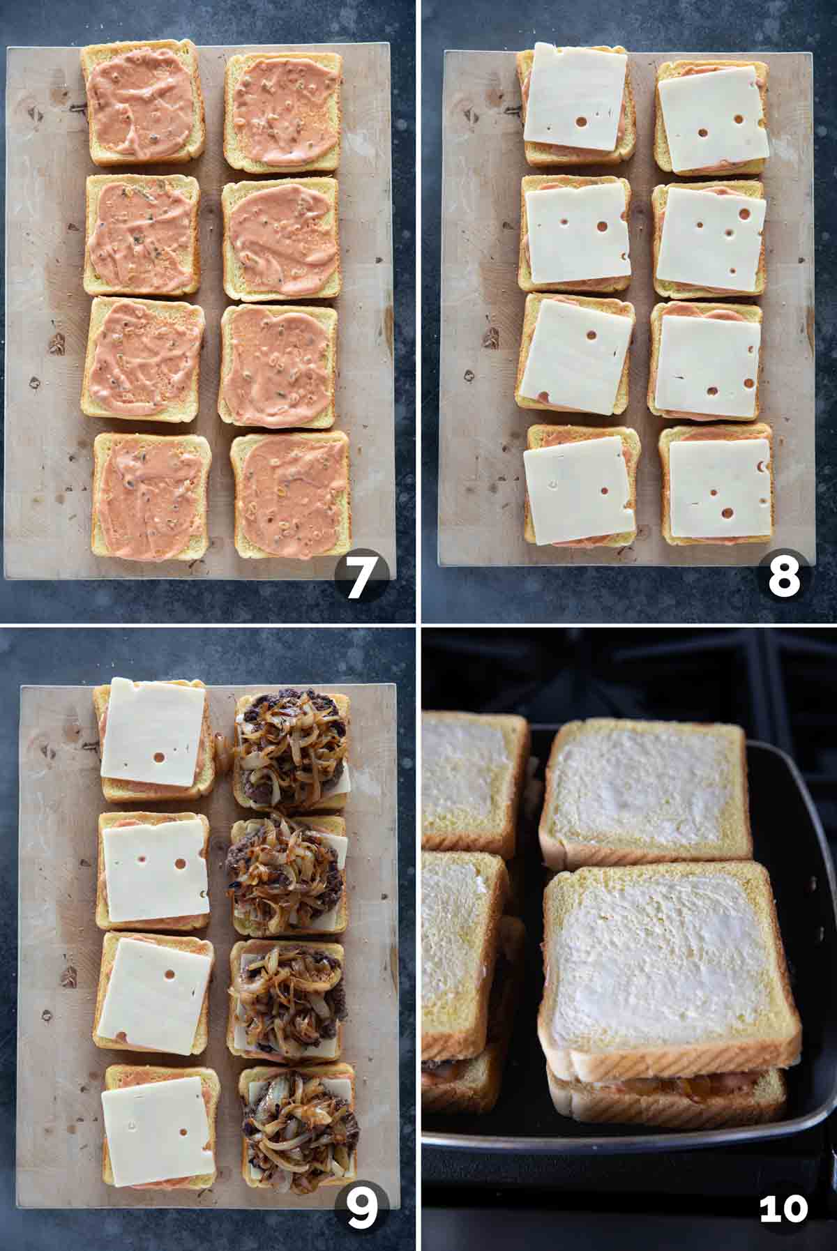 Steps to assemble patty melts.