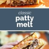 Patty Melt collage with text bar in the middle.