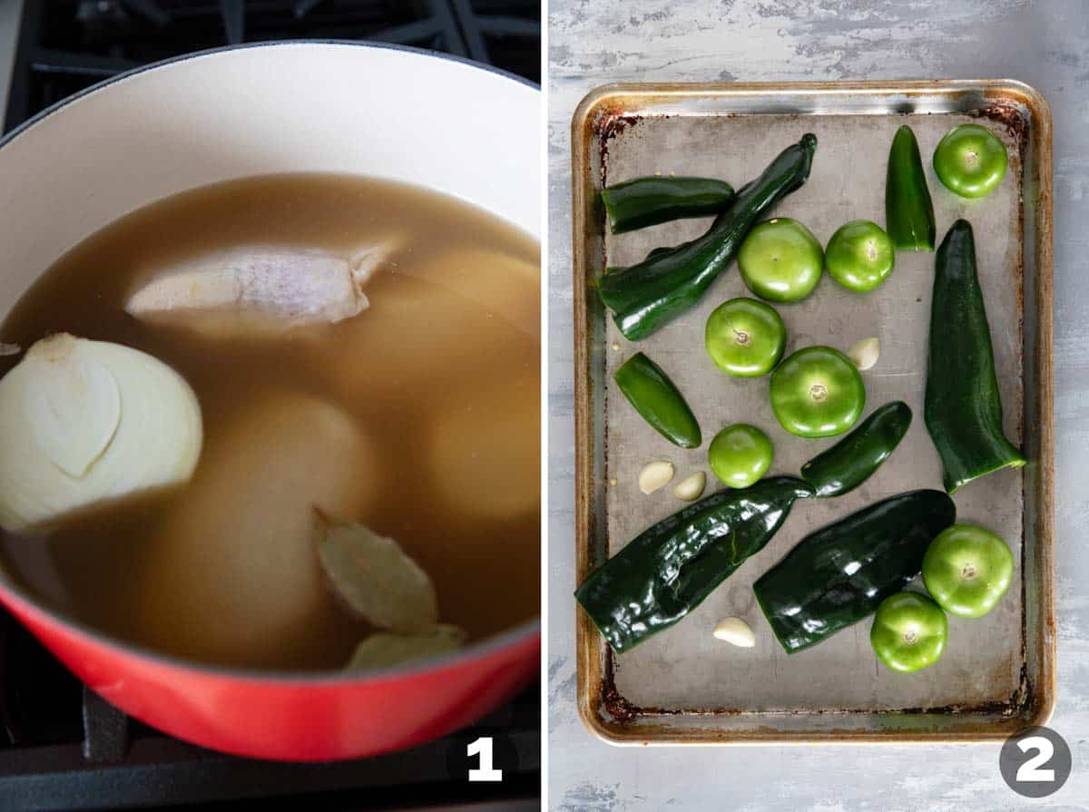 Cooking chicken in broth and roasting peppers, tomatillos, and garlic.