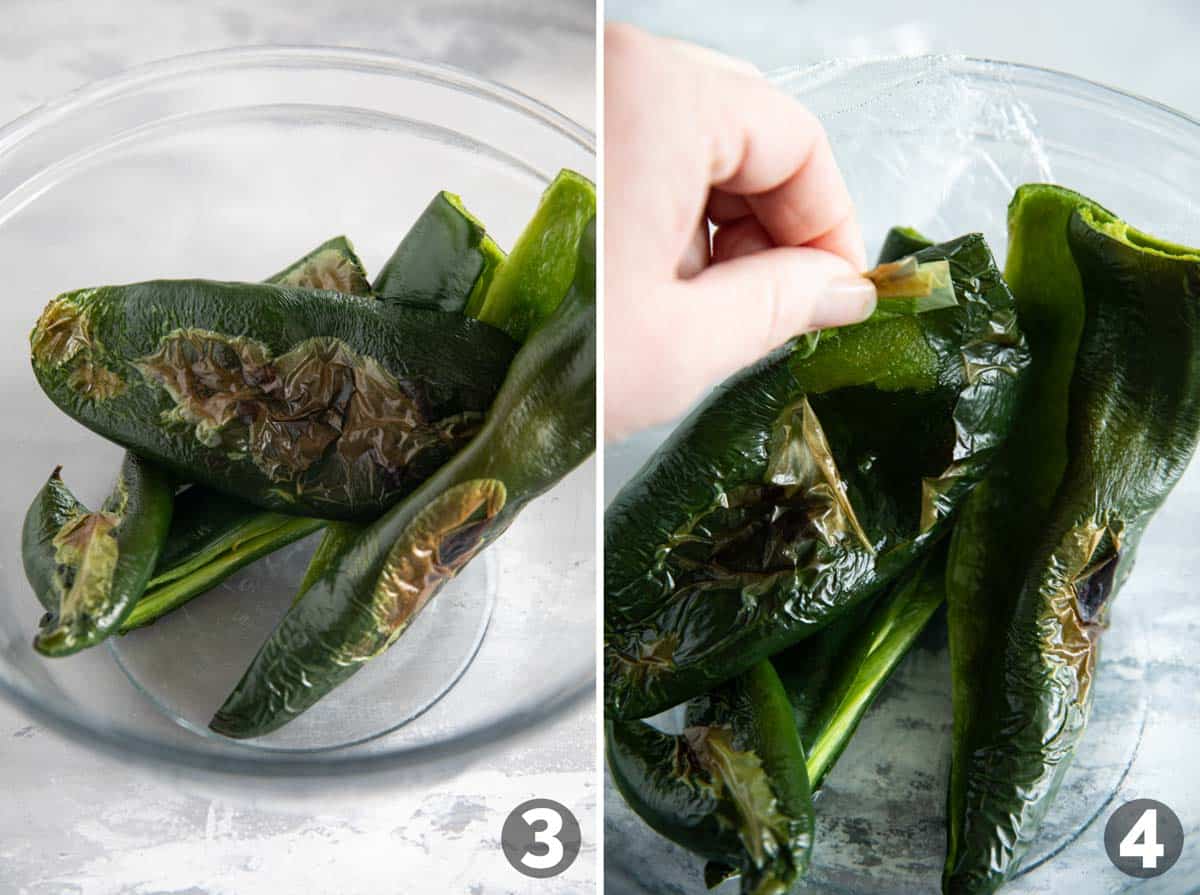 Roasted poblano peppers for Pozole Verde.