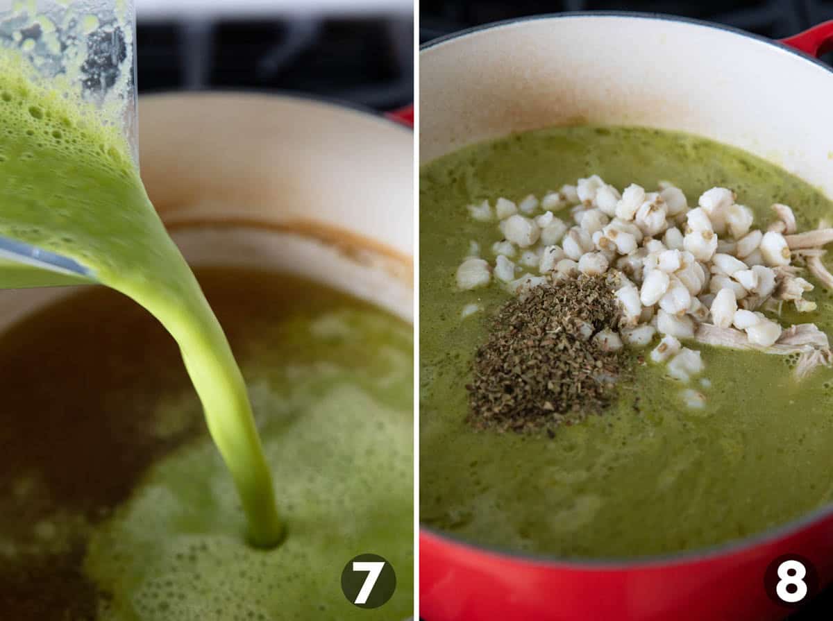 Adding pepper mixture along with oregano, hominy, and chicken into Pozole Verde.